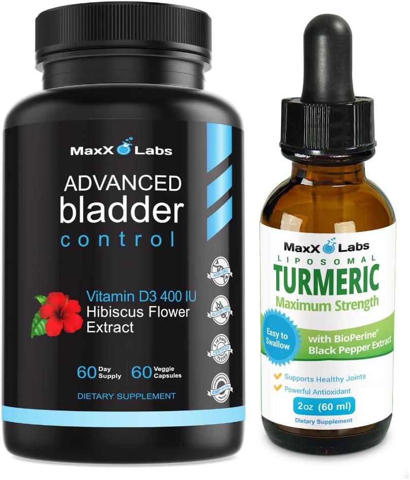 Advanced Bladder Control Supplements for Women & Men 60 Capsules + Turmeric Liquid Drops with Curcumin & Black Pepper Extract Bioperine - 2 fl Oz