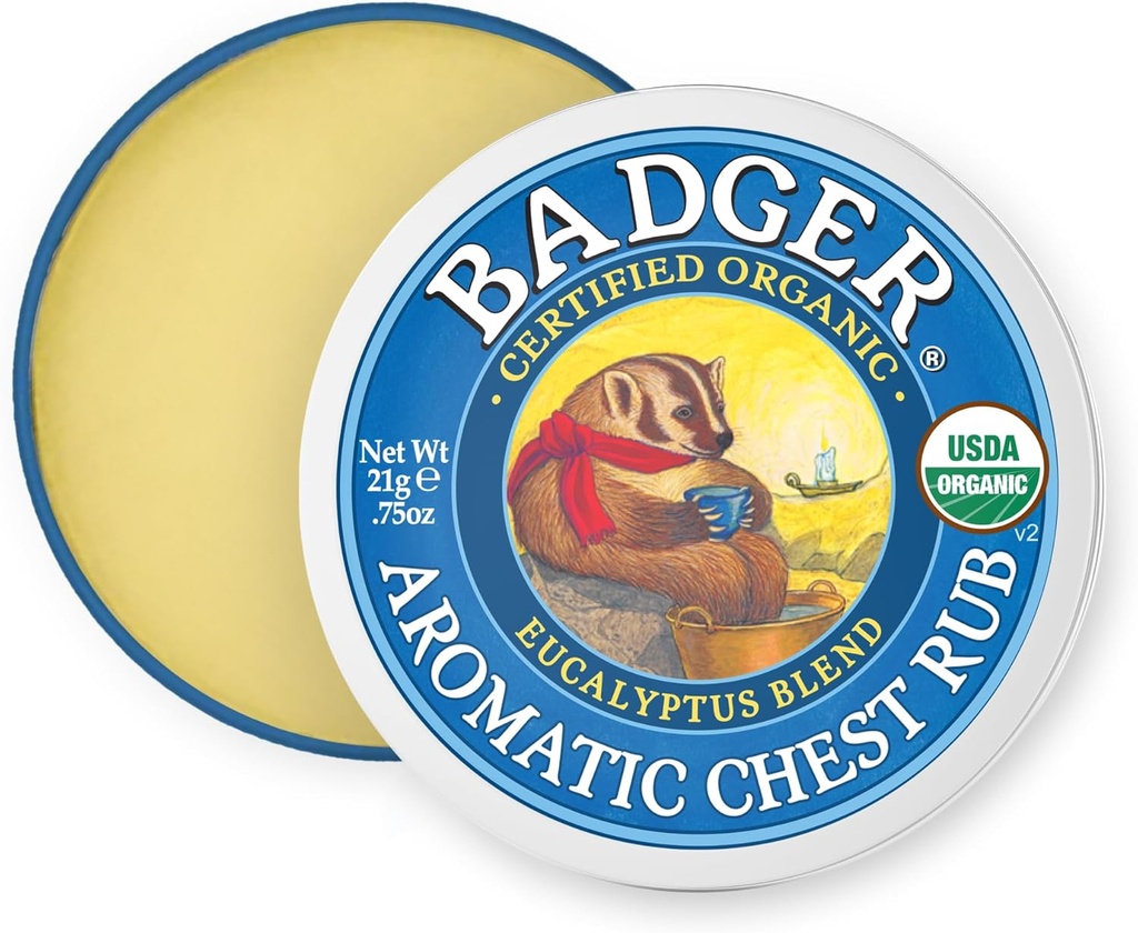 Badger Aromatic Chest Rub, 100% Organic Vaporub w/Eucalyptus & Lavender Essential Oils to Clear & Soothe, All-Natural Chest Congestion Relief for Adults & Kids, .75 oz Tin