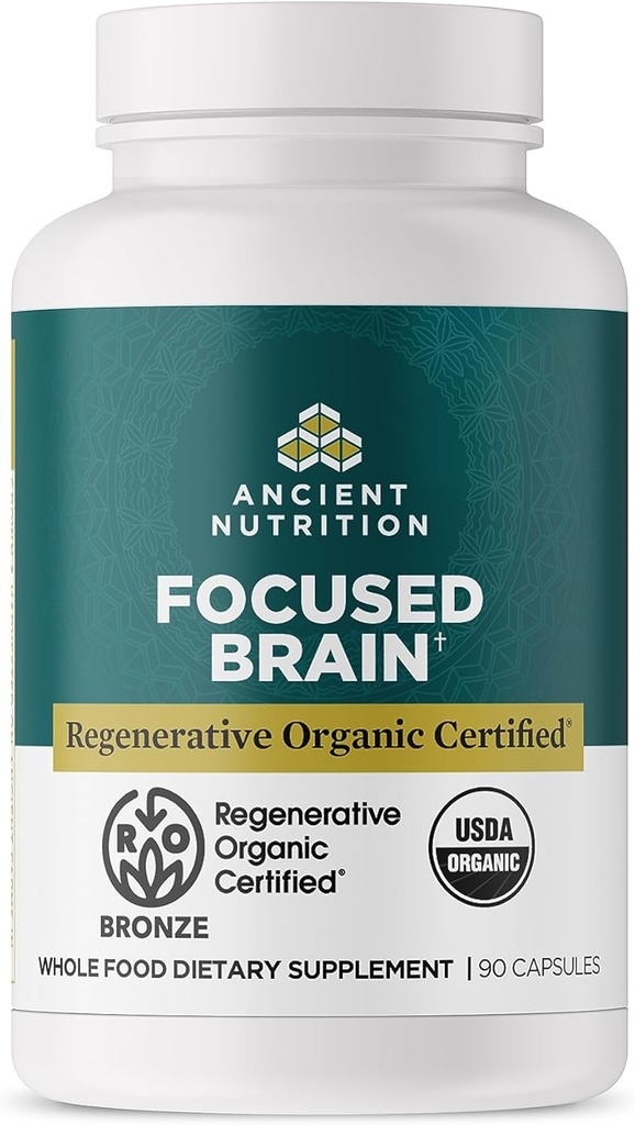 Ancient Nutrition Regenerative Organic Certified Focused Brain Capsules, Made with Ginkgo Leaf, Lion's Mane to Help Reduce Stress, Gluten Free, Paleo and Keto Friendly, 90 Count