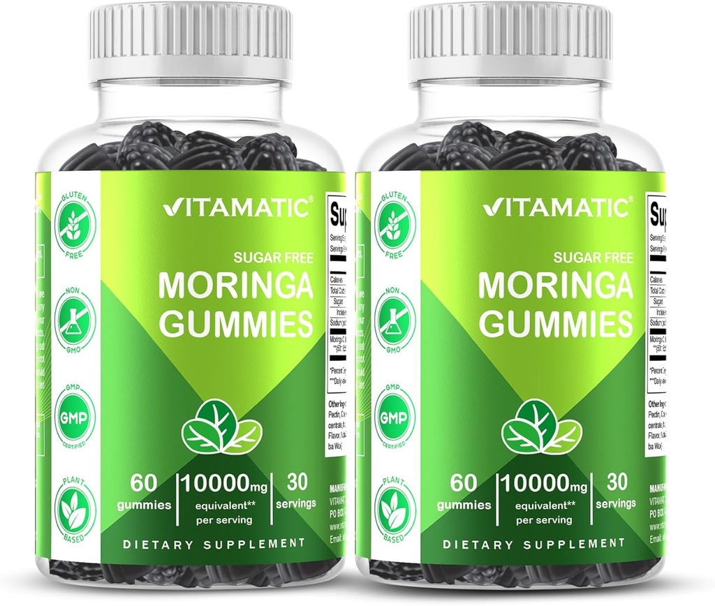 Vitamatic 2 Packs Sugar Free Moringa Gummies- 10000 mg Equivalent Per Serving (from 50:1 Extract 200 mg)- Complete Green Superfood 20X Extract - 60 Pectin Based Gummies