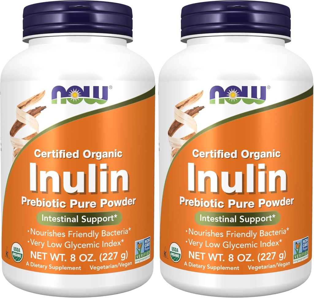 NOW Supplements, Inulin Prebiotic Pure Powder, Certified Organic, Non-GMO Project Verified, Intestinal Support*, 8-Ounce (Pack of 2)