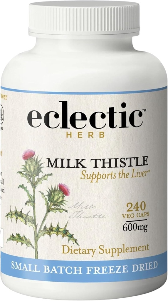Eclectic Herb - Premium Freeze Dried Milk Thistle Capsules | Dietary Supplement | Liver Support, Detox, Cleanse + Maintain | Natural, Non-GMO, Vegan (240 CT | 600 mg)