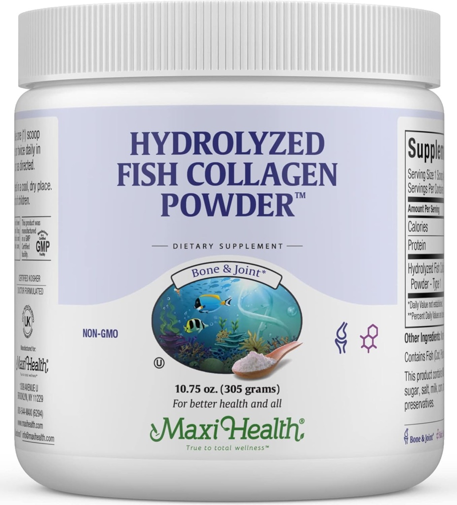 Maxi Health Collagen Peptides Powder – Type I Unflavored Marine Powder Collagen for Women & Men - Wild-Caught Protein Supplement for Joints, Skin, Hair & NailNails (10.75 oz)
