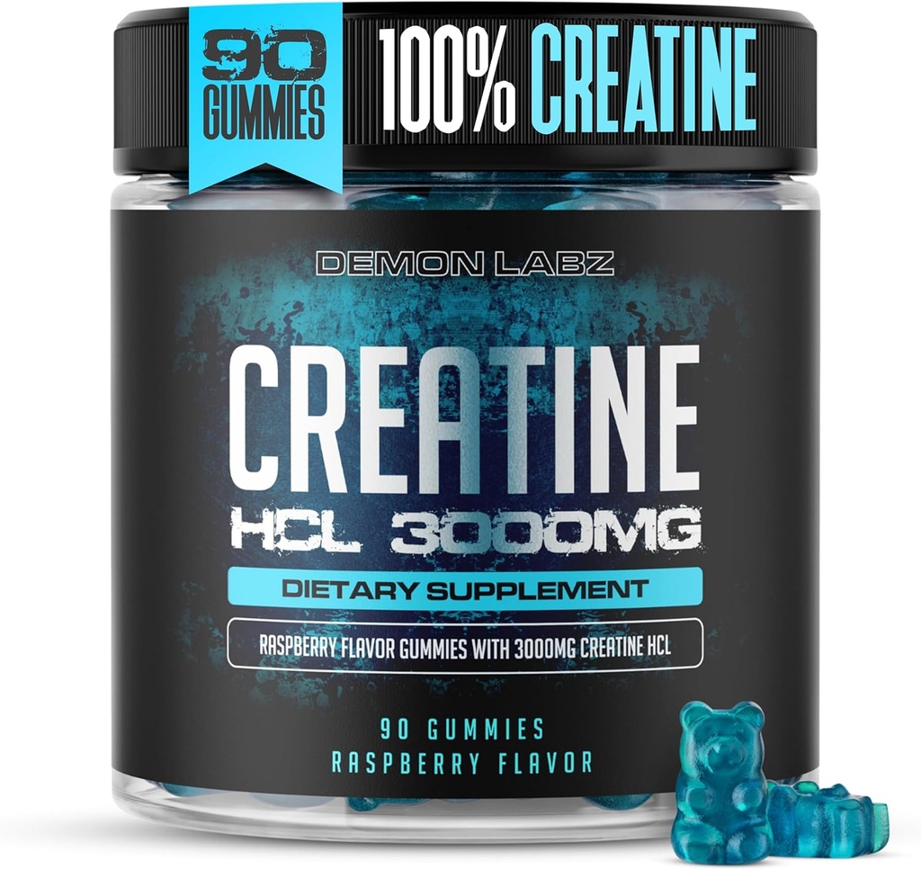 Creatine HCl 3000mg Per Serving - Raspberry Flavor - Vegan Gummies (90 Count, Single Pack)