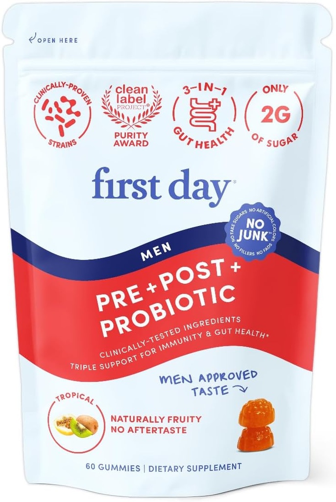FIRST DAY 3 in 1 Probiotics for Men - Prebiotic, Probiotic & Postbiotic Supplement – Mens Probiotic for Digestive Health, Oral Health, Immune Function, Energy, Gut Health for Men – 30-Day Supply