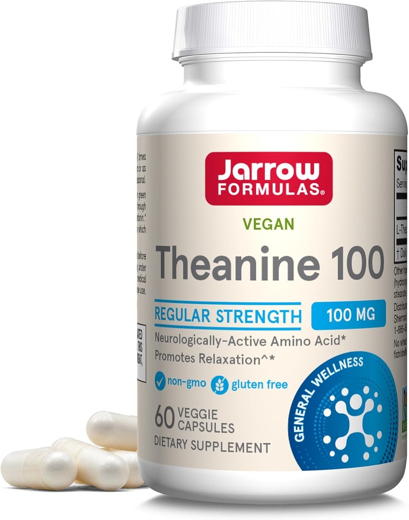 Jarrow Formulas Extra Strength Theanine 200mg & Regular Strength Theanine 100mg Relaxation Support Capsules Bundle, 120 Veggie Capsules