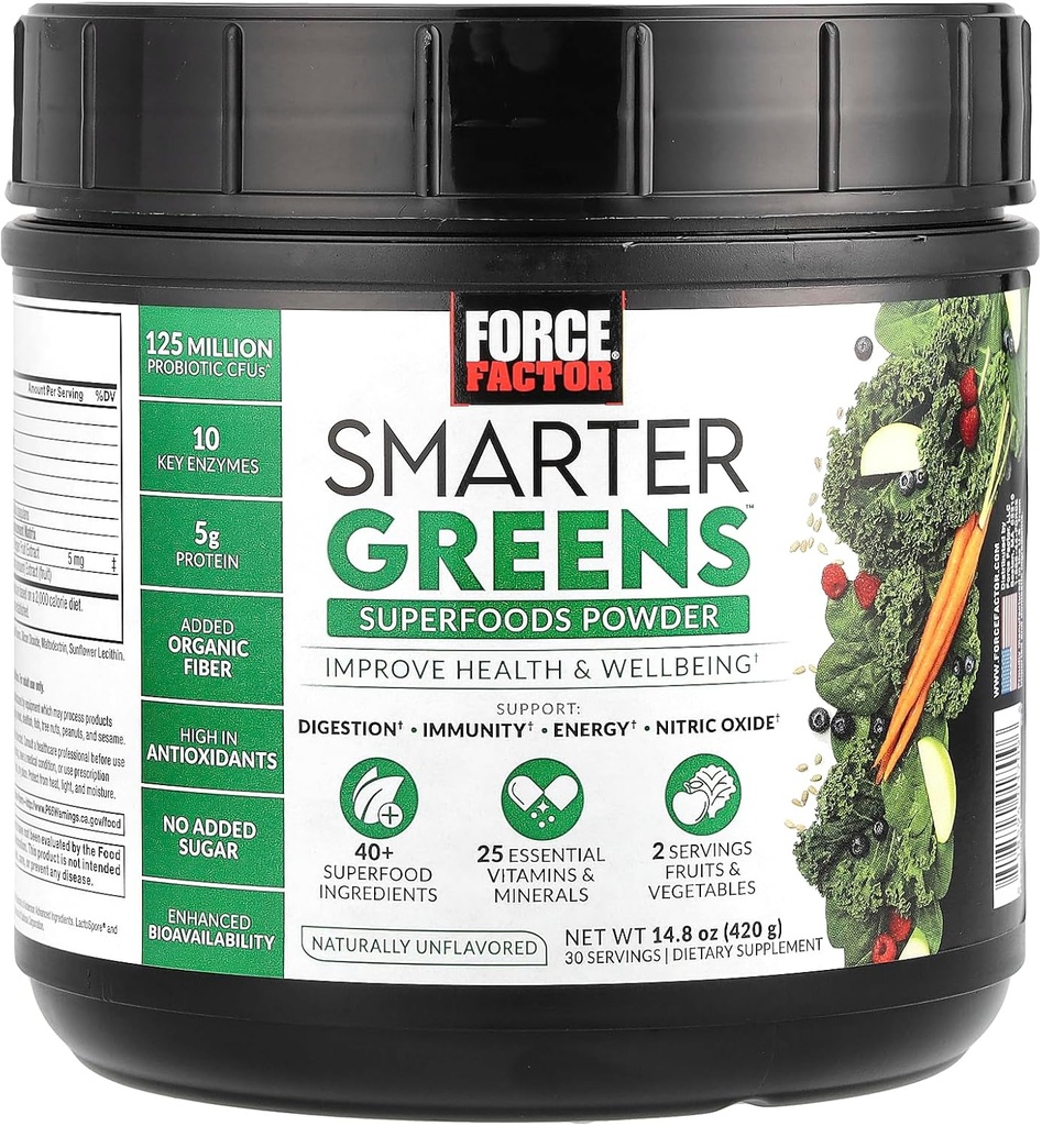 FORCE FACTOR Smarter Greens Superfoods Powder to Support Digestion and Bloating, Immunity, and Energy, Greens Powder with Probiotics, Digestive Enzymes, Antioxidants, and Fiber, 30 Servings