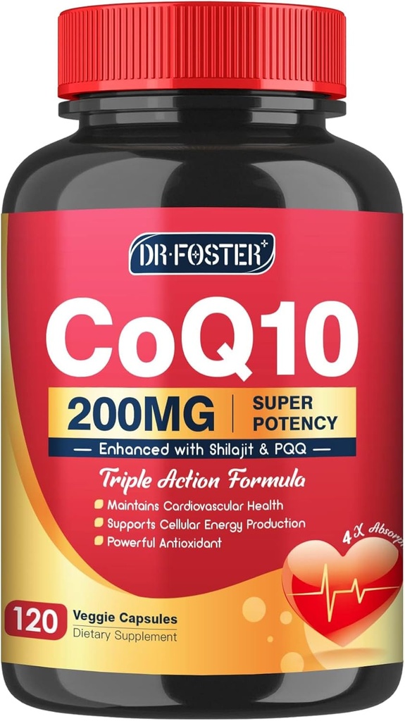 CoQ10 200mg with PQQ & Shilajit - High Absorption with Bioperine Coenzyme Q10 Supplements - Powerful Antioxidant for Heart & Brain Health and Energy-Production - 120 Veggie Capsules