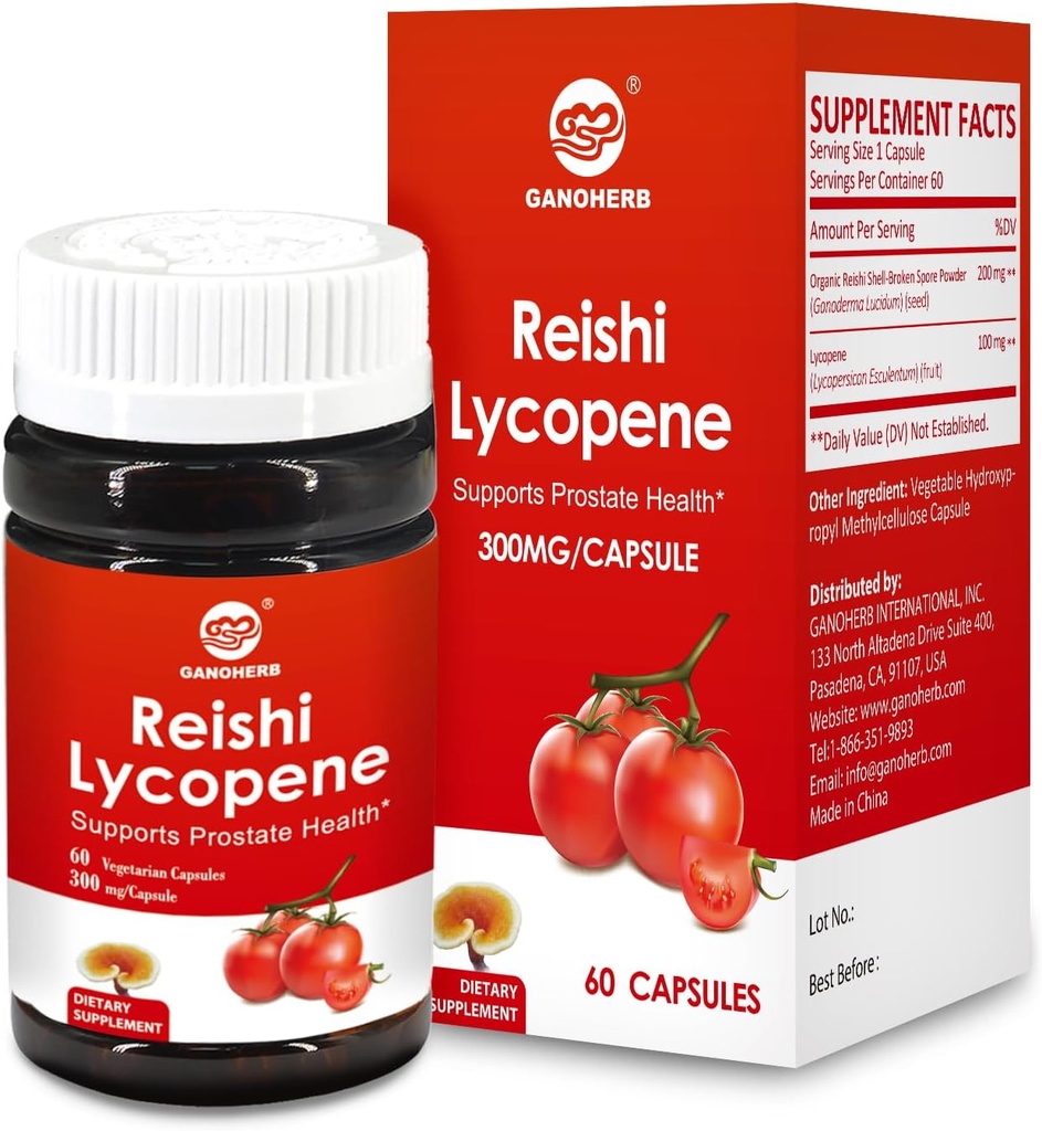 Lycopene Supplement for Men 100mg, Lycopene Capsule with 200mg Reishi Mushroom for Overall Health, 2 Month Supply, Non-GMO & Gluten Free, Vegan, 60 Rapid Release Capsules