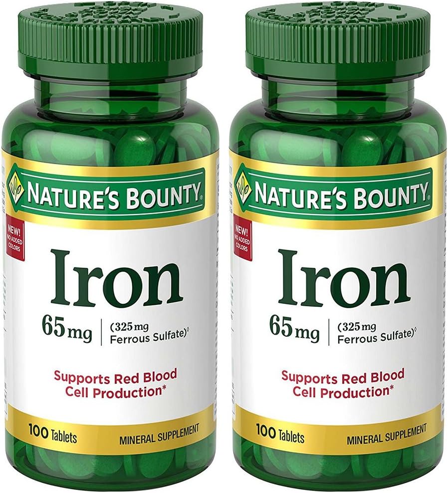 Iron 65 mg (325 mg Ferrous Sulfate), 2 Bottles (100 Count)