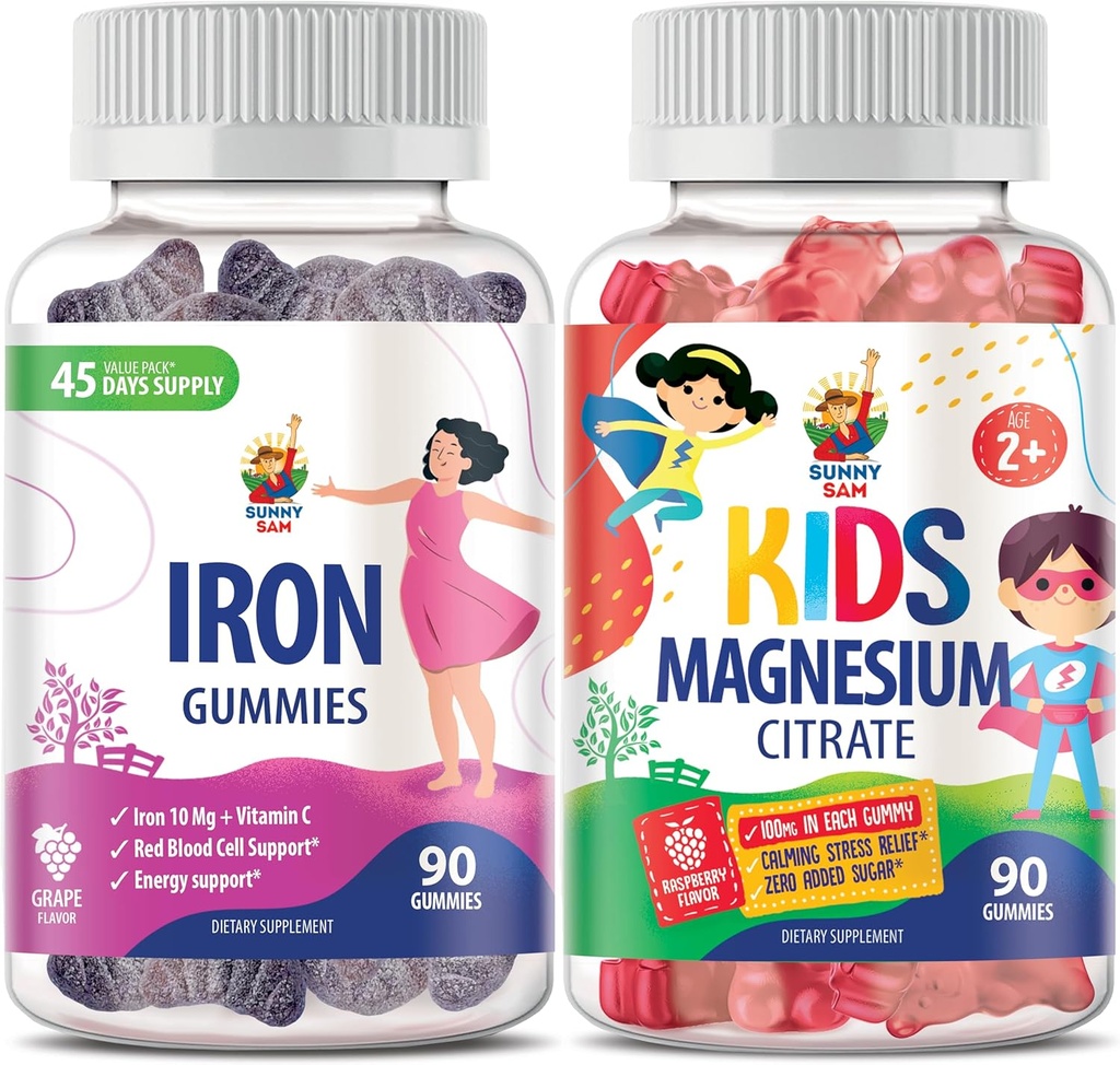 SUNNY SAM Magnesium Gummies for Kids & Iron Gummies for Adults - Iron Vitamins with Vitamin C