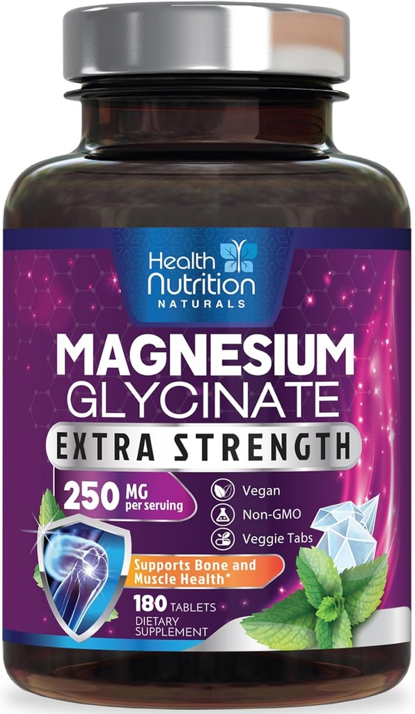 Magnesium Glycinate 250mg - 100% Chelated Magnesium for Max Absorption - Sleep Support, Muscle, Nerves, Bone & Heart Health Support, Best Mag Supplement, Vegan Non-GMO, 3rd Party Tested - 180 Tablets