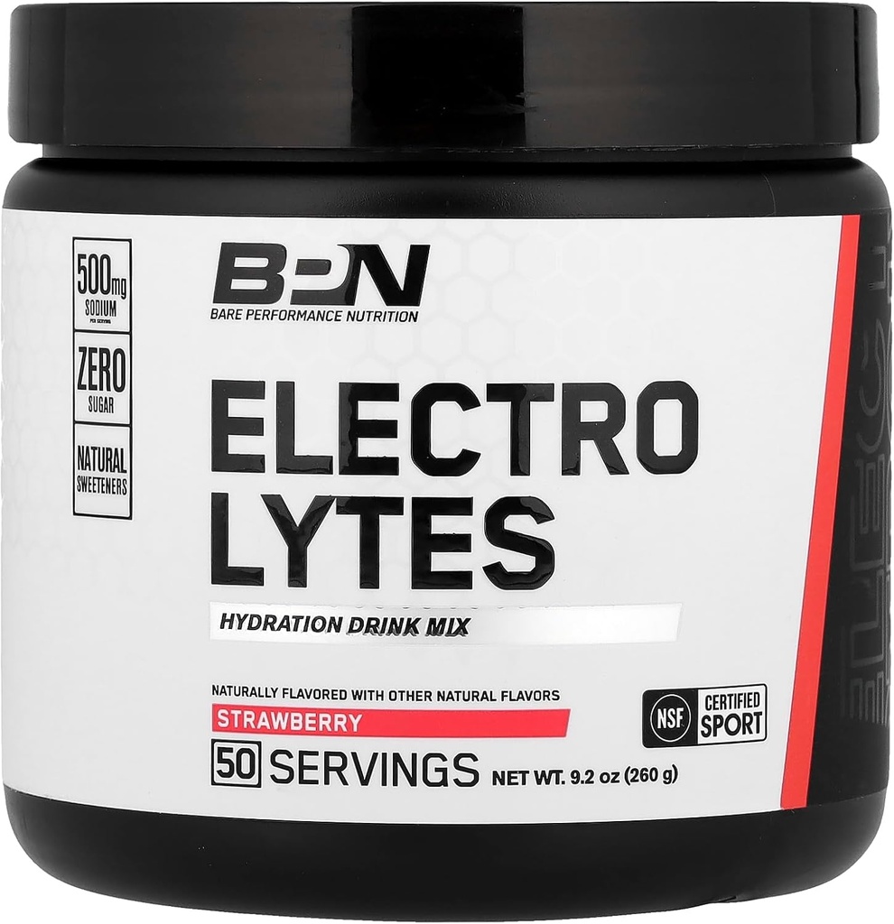 BARE PERFORMANCE NUTRITION BPN Electrolytes Hydration Drink Mix | Sugar Free Electrolyte Powder | 500mg Sodium per Serving | Naturally Sweetened | Strawberry, 50 Servings
