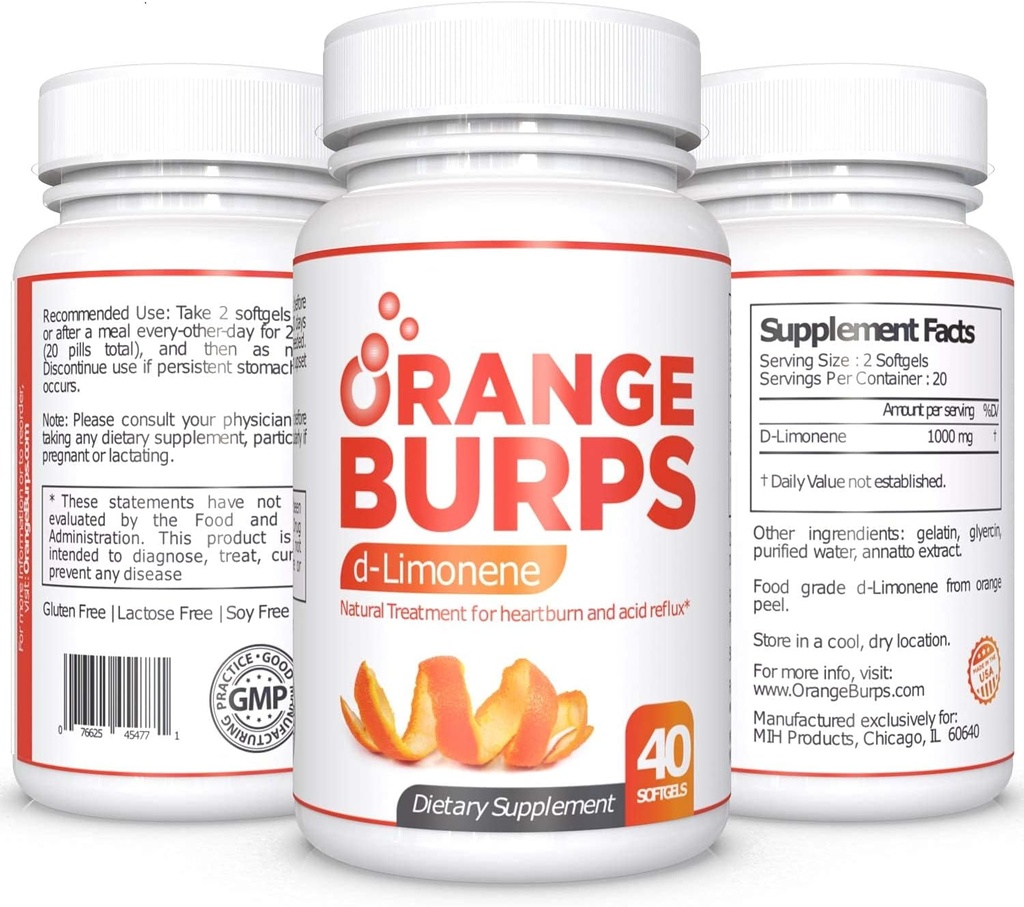 Orange Burps | D-Limonene Supplement - Acid Reducer (Antacid for Acid Reflux), Heartburn Relief, GERD Relief, and Indigestion Relief | Orange Peel Extract for Health and Wellness (1,000 mg, Pack of 3)