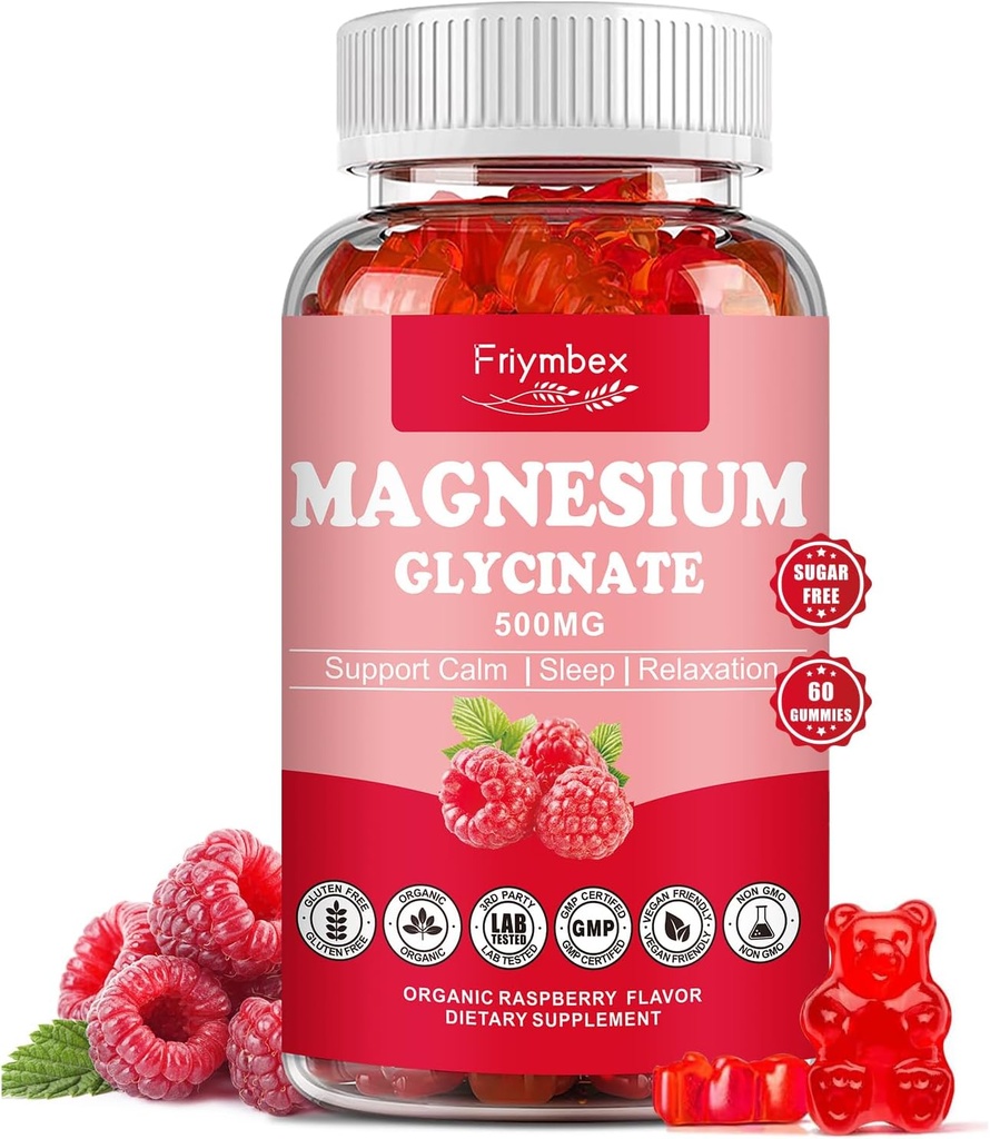 Magnesium Glycinate Gummies 500mg | Relaxation Calm Magnesium Gummies | Sugar-Free | Non-GMO | Gluten-Free | Vegan-Friendly for Adults & Kids (60 Raspberry Gummies)
