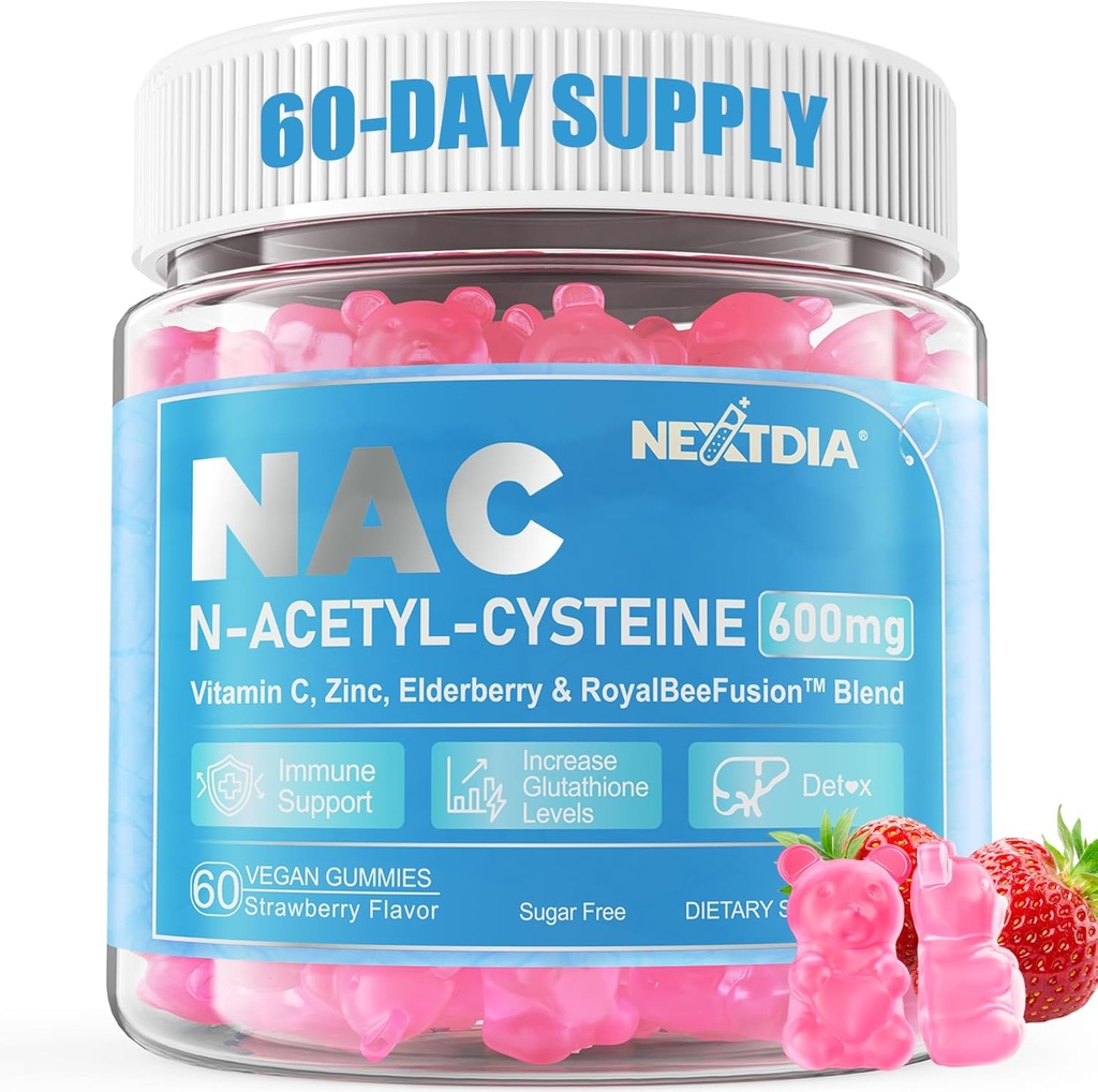 NAC Gummies for Kids & Adults, Chewable N-Acetyl Cysteine Supplement 600mg 1000mg w/Vitamin C, Zinc, Elderberry for Antioxidants & Immune Support, Lung & Liver Health, Sugar Free, 120 Ct