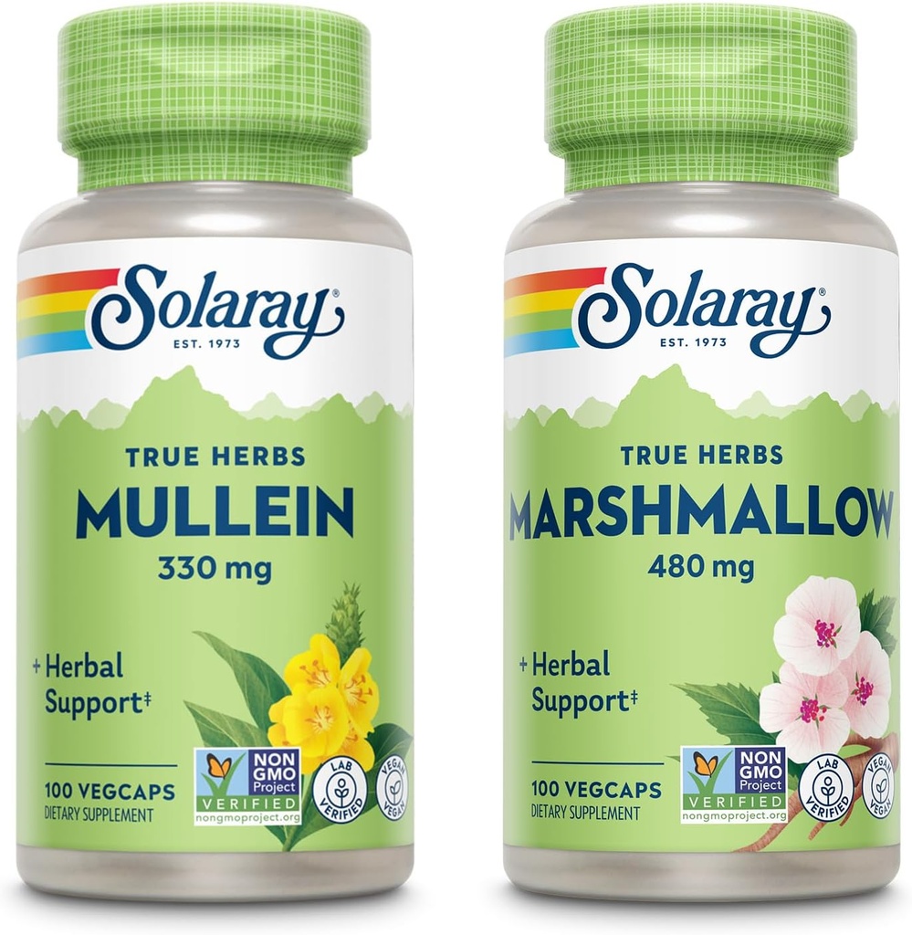 SOLARAY Mullein Leaf 330 mg and Marshmallow Root 480 mg - Wellness Bundle - Herbs High in Mucilage Soluble Fiber for Soothing Support - Vegan, Non-GMO, Lab Verified, 60-Day Guarantee, 200/100 VegCaps