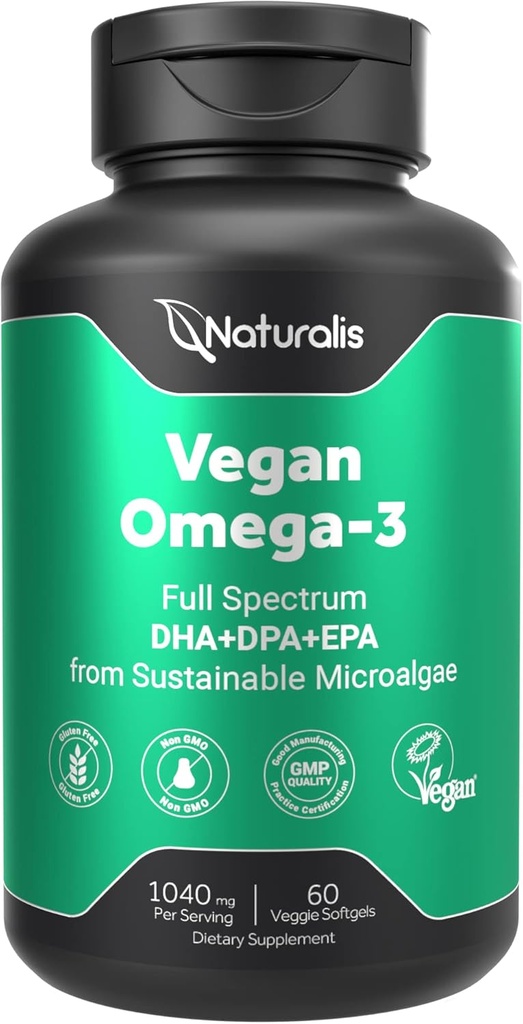 Naturalis Vegan Omega 3 DHA, EPA & DPA from Algae | Vegan Society Certified, Sustainably Sourced, True Full Spectrum | 60 Veggie Softgels (Carrageenan Free)