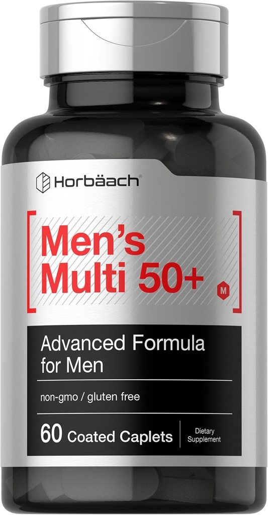 Horbäach Mens Multivitamins 50 Plus | 60 Caplets | with Calcium, Magnesium, Vitamin A, B, C, D & E | 50+ Advanced Formula | Non-GMO & Gluten Free Supplement