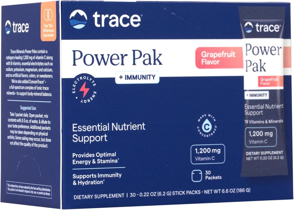 Trace Minerals Power Pak + Immunity Multivitamin and multimineral packets - Electrolyte Support - 1200 mg Vitamin C plus 70+ Trace Minerals - Grapefruit Flavor - 30 Packets