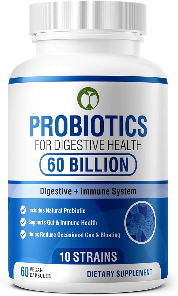 Probiotics for Digestive Health 60 Capsules | 60 Billion CFU Scientifically Formulated Multi Strain Probiotic Blend | Organic Supplements with Prebiotics for Men & Women (60 Billion Probiotics)