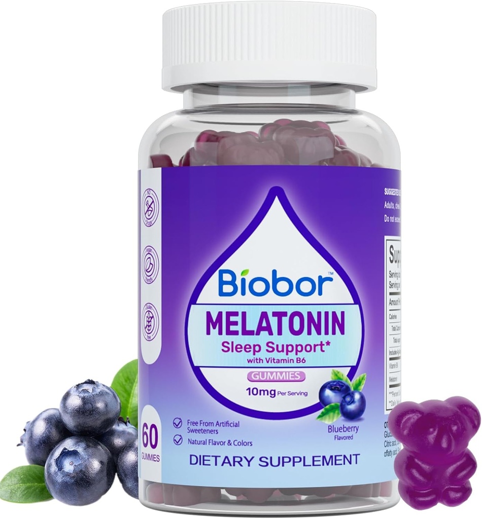Natural Melatonin Gummy 10mg, Sleep Support Supplement Gummies Vegan Dietary with Vitamin B6 for Adult (Blueberry, 60 Count)