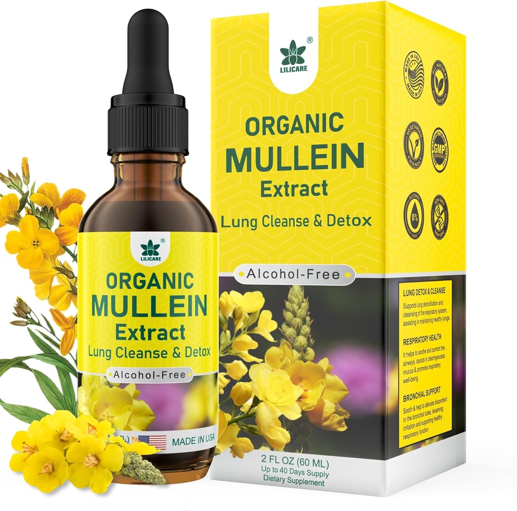Mullein Drops for Lungs, Mullein Leaf Extract Herbal Supplement, Natural Lung Cleanse, Respiratory & Immune Support, Breathe Health, Tincture with Marshmallow, Elderberry - 2 fl Ounces