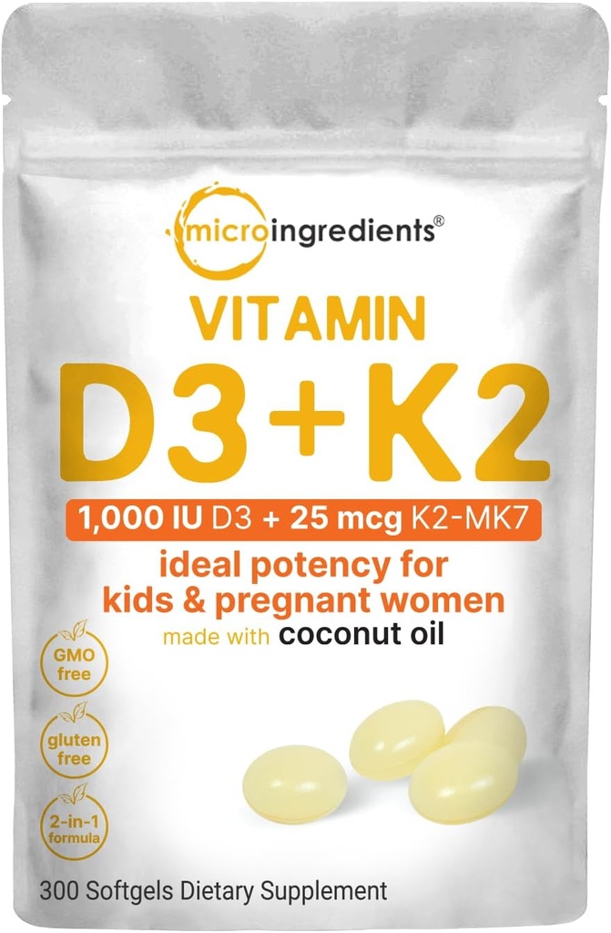 Micro Ingredients Vitamin D3 1,000 IU + K2 MK-7 25 mcg, 300 Softgels | Virgin Coconut Oil | 2-in-1 Bone, Immune & Heart Support | Easy to Swallow, Non-GMO