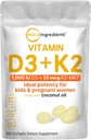 Micro Ingredients Vitamin D3 1,000 IU + K2 MK-7 25 mcg, 300 Softgels | Virgin Coconut Oil | 2-in-1 Bone, Immune & Heart Support | Easy to Swallow, Non-GMO