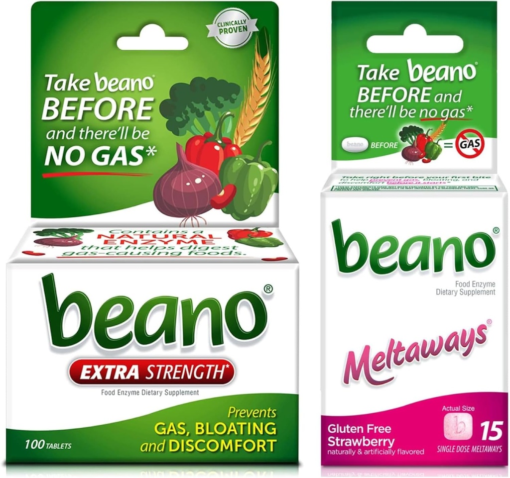 Beano Extra Strength 100ct & beano Strawberry Meltaways 15ct