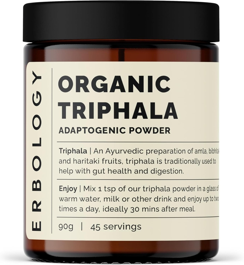 Erbology Organic Triphala Powder 3.2 oz - 45 Servings - Ayurvedic Blend of Amla, Haritaki and Bibhitaki - Gut Health - Sustainably Sourced Straight from Farm in India - Small Batch - Vegan - GMO-Free