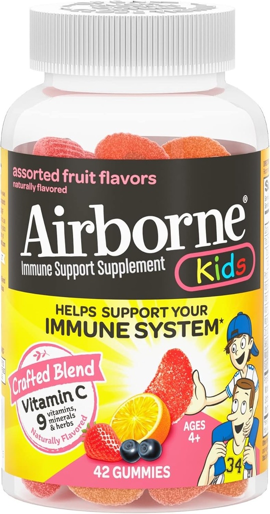 Airborne Vitamin C 500mg (per Serving) Kids Assorted Fruit Flavored Gummies (42 Count in a Bottle), Gluten-Free Immune Support Supplement with Vitamins A C E, Selenium, Echinacea & Ginger