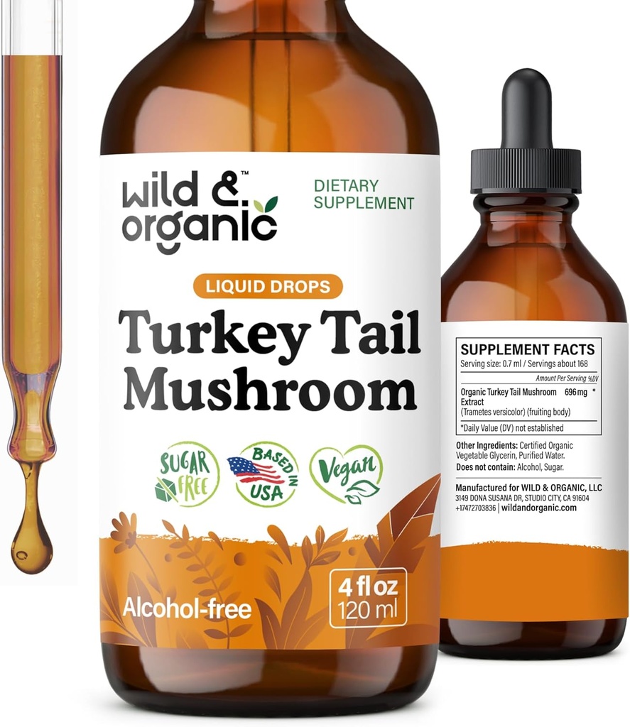 Wild & Organic Turkey Tail Mushroom Tincture - Immune Support Drops with Turkey Tail Extract - Liquid Mushroom Supplement for Gut Support - Vegan, Sugar & Alcohol-Free - 4 fl oz