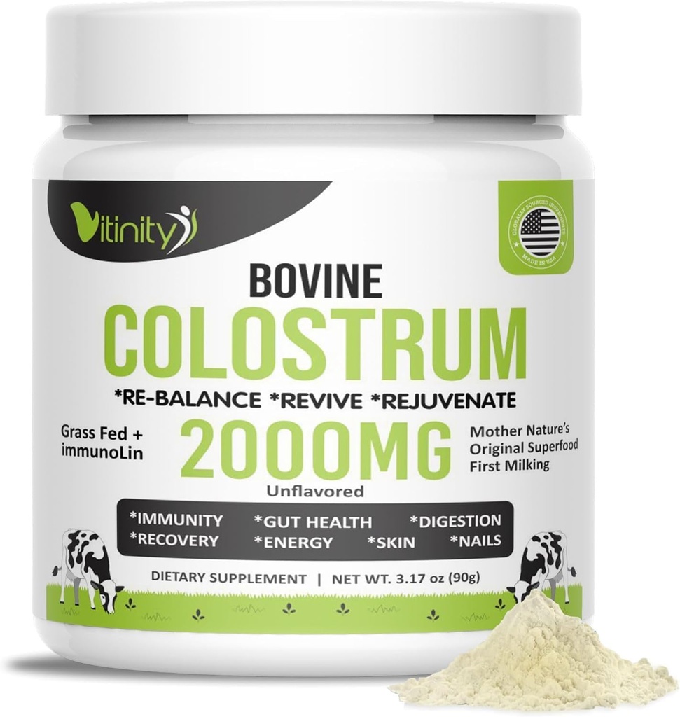 VITINITY Grass Fed Bovine Colostrum Powder for Humans - Natural IgG Colostrum Supplement for Gut Health, Immune Support, Muscle Recovery & Wellness | Pure Colostrum Superfood, Unflavored (90 Grams)