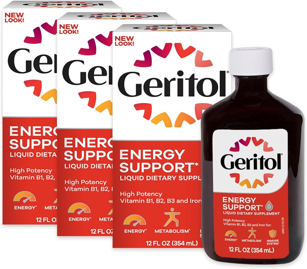 Geritol Liquid Vitamin and Iron Supplement, Energy Support, Contains High Potency B-Vitamins and Iron, Pleasant Tasting, Easy to Swallow, No Artificial Sweeteners, Non-GMO, 12 Oz, 3 Pack