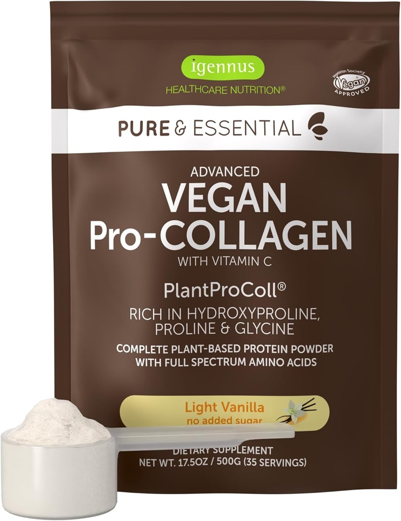 Igennus Advanced Vegan Vanilla Collagen Peptide Powder, Enhanced with Glycine, Proline & Hydroxyproline & Cofactor Vitamin C, Non GMO, Vegetarian Plant Based Collagen Powder Booster, 35 Servings