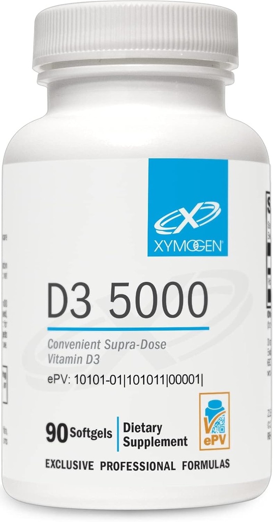 XYMOGEN D3 5000 - Bioavailable Vitamin D3 5000 IU (125 mcg) - High Potency Vitamin D Supplement to Support Immune Health, Bone + Heart Health (90 Gelatin Softgels)
