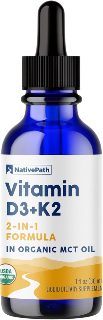 NativePath D3K2 Tincture - 1000IU Vitamin D3 and Vitamin K2 Supplement with Organic MCT Oil - 1 Fluid Ounce - Rapid Bioavailability Multi-Vitamin for Bone Strength and Total Body Wellness, 30 Servings