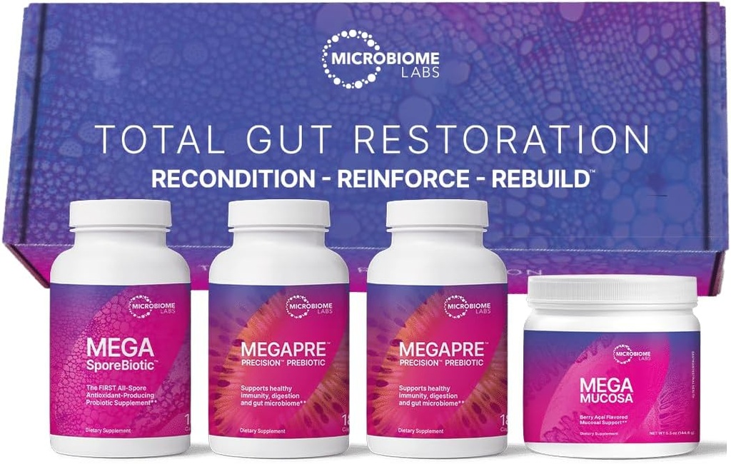 Microbiome Labs Total Gut Restoration Kit (Capsule) - 3-Product Gut Health Spore Based Probiotic, Prebiotic & Mucosal Immunoglobulin + Amino Acids Supplement for Immune, GI Tract & Digestive Health