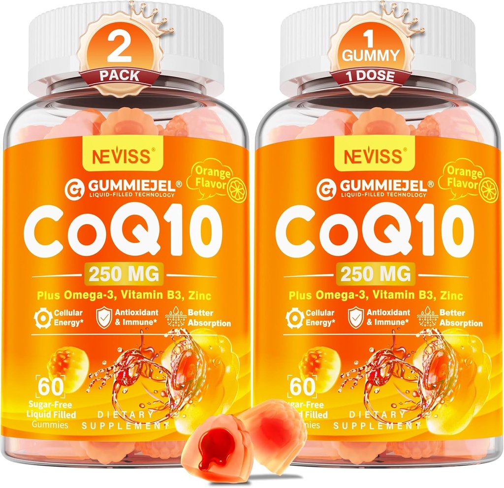 Sugar-Free CoQ10-250mg Filled Gummies - 4 Months Supply - Plus Omega-3, Vitamin B3 & Zinc, High Absorption Coenzyme Q10 Supplements for Hear-t Health, Cellular Energy & Antioxidant Support, 2-Pack