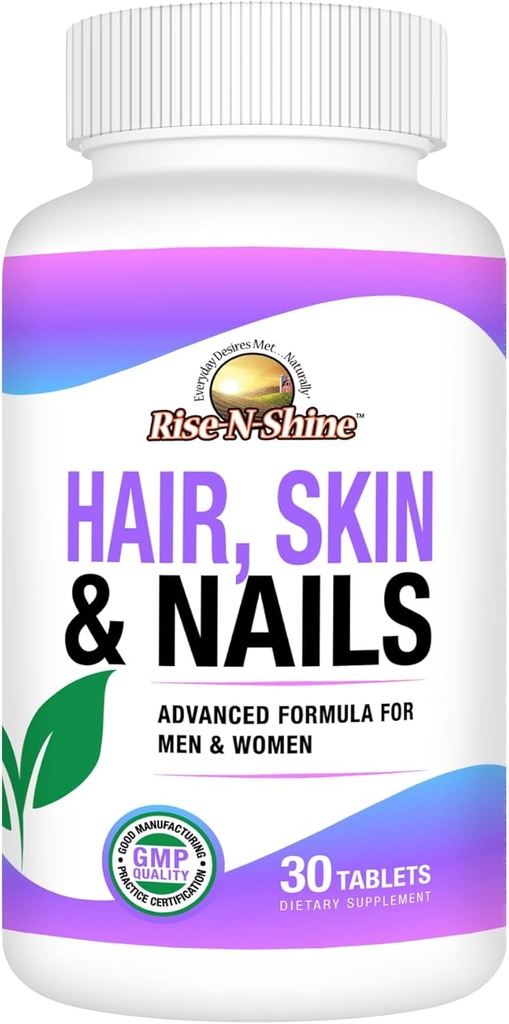 Rise-N-Shine Hair, Skin & Nails Daily Supplement with Biotin, Collagen & Essential Vitamins Support for Clear Skin, Long Nails & Thick Hair - 30 Day Supply