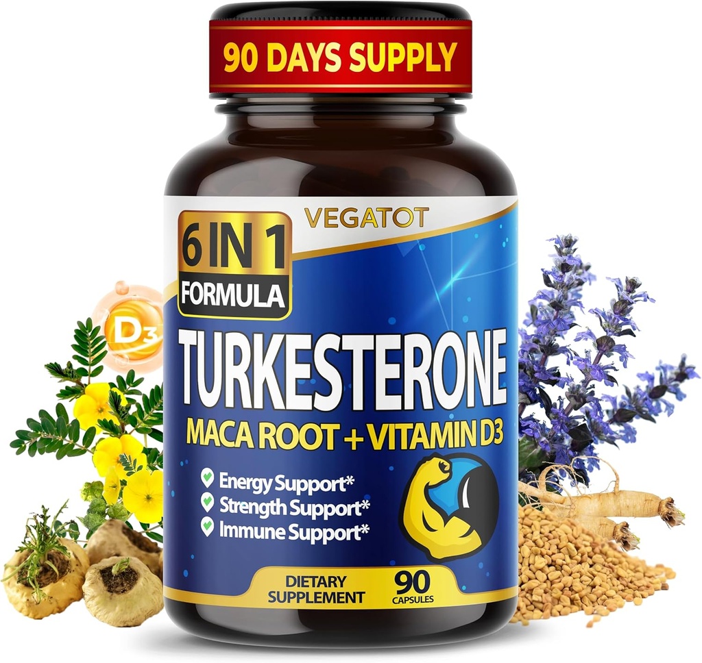 VEGATOT 6 in 1 High Strength Turkesterone Concentrated with Maca Root Fenugreek Tribulus Boost Energy Stamina 3-Month Supply (60 Count (Pack of 1))