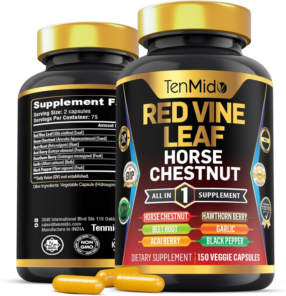 Red Vine Leaf Extract Supplement - 7in1 Formula - Combine with Horse Chestnut, Beet Root, Acai Berry, Hawthorn Berry, Garlic, and Black Pepper - 150 Capsules for 75 Days Supply