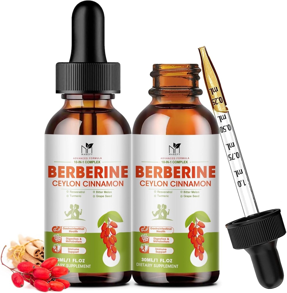 Berberine Supplement Liquid Drops, Berberine 1500mg with Ceylon Cinnamon, Turmeric, Resveratrol, Bitter Melon, Vegan Supplement, Supports Immune System & Digestive System - 2 FL Oz