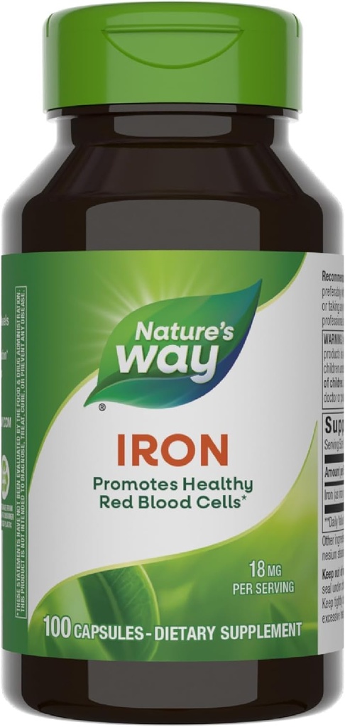 Nature's Way Iron, Promotes Healthy Red Blood Cells*, 18 mg from Iron Gluconate Per Serving, Gluten Free, 100 Capsules (Packaging May Vary)
