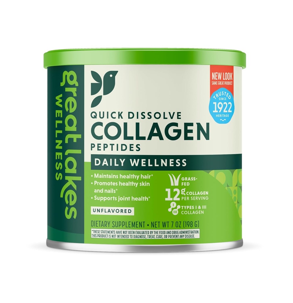 Great Lakes Wellness Collagen Peptides Powder for Skin, Hair, Nails, Joints & Digestion - Unflavored - Quick Dissolve Hydrolyzed, Non-GMO, Keto, Kosher - 7 oz