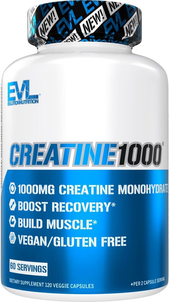 Evlution Pure Creatine Monohydrate Capsules 1000mg Nutrition Pre and Post Workout Recovery Vegan Creatine Pills for Gains and Muscle Recovery Supplement - Muscle Builder for Men