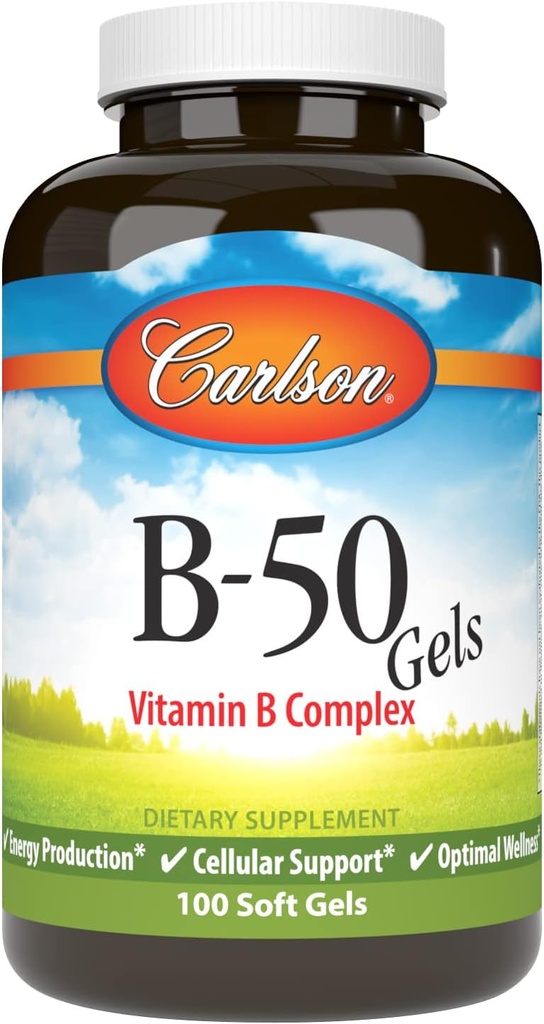 Carlson - B-50 Gels, Vitamin B Complex, Energy Production, Cellular Support & Optimal Wellness, 100 Softgels
