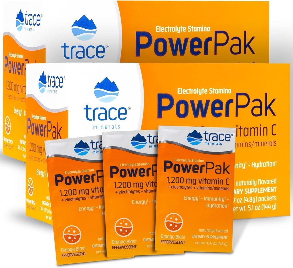 Trace Minerals Power Pak Multivitamin and Multimineral Packets - Electrolyte Support - 1200 mg Vitamin C plus 70+ Trace Minerals - Orange Blast Flavor - 60 Packets