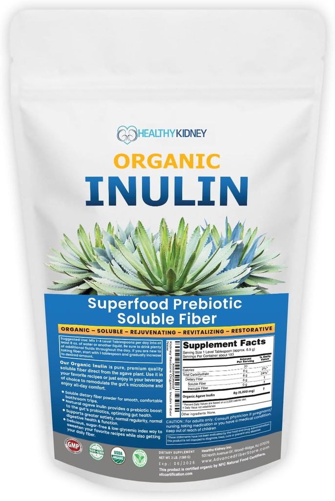 Organic Inulin Powder (48oz/3 lbs) Gentle Agave Prebiotic Soluble Fiber Supplement for Digestive Support, Gut Health, Vegan Baking, Smoothies & Drinks